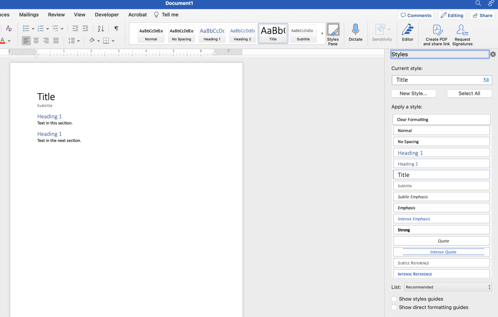 Screenshot of a Microsoft Word document showing the use of Styles to create headers such as Title, Subtitle, and Heading 1.