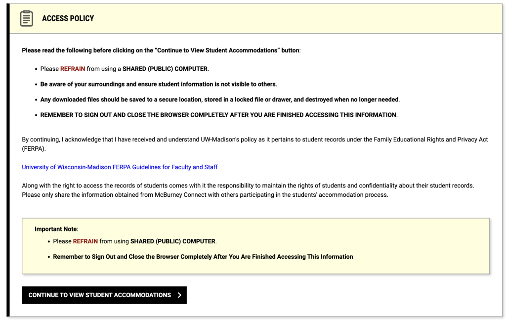 Screenshot showing the Access Policy that is displayed for instructors upon logging in to the Instructor Portal