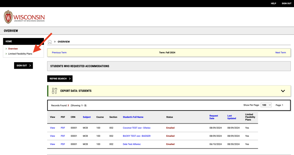 Screenshot showing the "Limited Flexibility Plans" link on the left menu on the Instructor Portal page